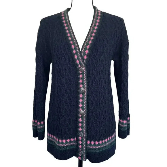 Talbots Cardigan Sweater Cable Knit Fair Isle Trim Long Sleeve Blue Pink Size PM - Picture 1 of 13
